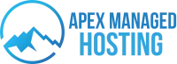 The logo of Apex Managed Hosting features stylized mountains within a circle, symbolizing their expertise in managed web hosting, positioned to the left of the company name in bold white text.