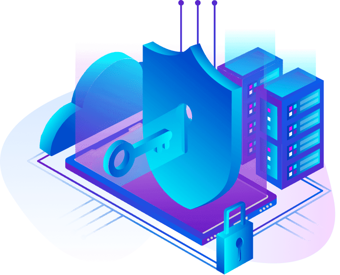 Digital security concept featuring a shield, keyhole, cloud, server stack, and padlock, symbolizing data protection and online safety—key elements in managed web hosting for robust defense against cyber threats.