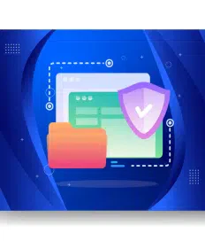 Illustration of a computer screen with a file folder and a shield icon, suggesting data security or protection in web hosting, set against a blue abstract background.