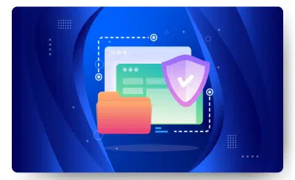 Illustration of a computer screen with a file folder and a shield icon, suggesting data security or protection in web hosting, set against a blue abstract background.