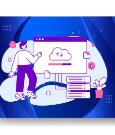Illustration of a person interacting with a cloud computing interface on a screen, featuring upload and download icons, server stacks, and a potted plant on a blue abstract background. This scene subtly hints at the seamless world of managed hosting in web development.