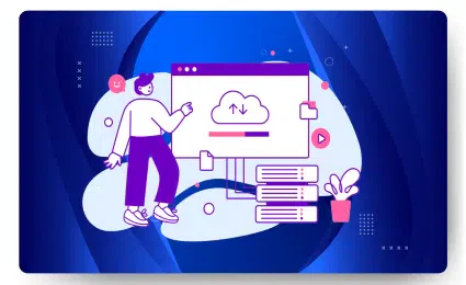 Illustration of a person interacting with a cloud computing interface on a screen, featuring upload and download icons, server stacks, and a potted plant on a blue abstract background. This scene subtly hints at the seamless world of managed hosting in web development.
