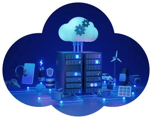 A cloud-shaped digital scene with servers, gadgets, and renewable energy symbols depicts technology and connectivity, highlighting the seamless efficiency of managed web hosting.
