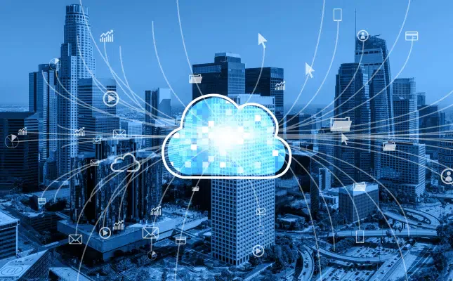 An illustration of a city skyline features a central cloud icon interconnected with various technology symbols, representing managed hosting and the seamless integration of cloud computing.