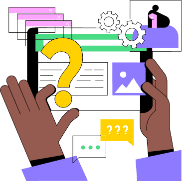Illustration of hands holding a tablet displaying icons such as a question mark, gears, and dialogue boxes, symbolizing managed web hosting or digital communication for WordPress problem-solving solutions.