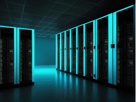 A row of illuminated server racks in a dimly lit data center silently hums, underpinning the seamless efficiency of managed web hosting solutions.
