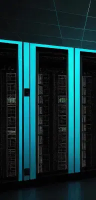 A row of illuminated server racks in a dimly lit room showcases the intricate components and cables inside, seamlessly powering managed web hosting solutions.