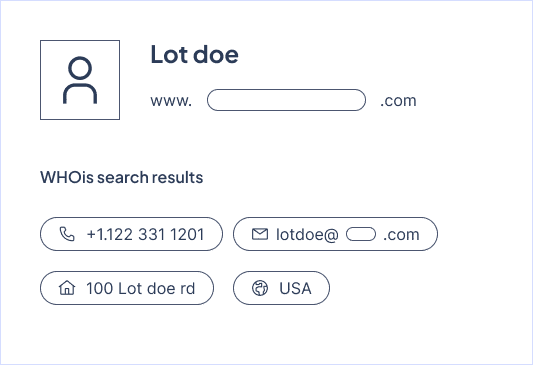 A WHOIS search result with a silhouette icon reveals web hosting details, including website URL, phone number, email, and address at 100 Lot Doe Rd. The USA location information completes the managed hosting profile for streamlined digital presence management.