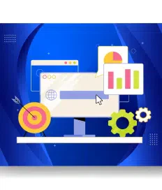 An illustration of a computer monitor displaying charts and a web browser, highlighting managed hosting services. Surrounding icons include a target, gear, and speech bubble, all set against a blue abstract background.