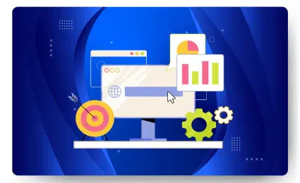 An illustration of a computer monitor displaying charts and a web browser, highlighting managed hosting services. Surrounding icons include a target, gear, and speech bubble, all set against a blue abstract background.