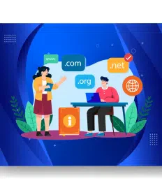 Illustration of two people discussing domain options: .com, .org, .net. One stands holding a tablet, exploring managed hosting solutions, while the other sits with a laptop. Background is blue with abstract shapes.