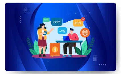 Illustration of two people discussing domain options: .com, .org, .net. One stands holding a tablet, exploring managed hosting solutions, while the other sits with a laptop. Background is blue with abstract shapes.
