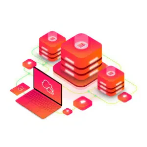 Abstract illustration of cloud computing with vibrant colors, featuring a laptop, interconnected servers, and cloud icons, symbolizing managed web hosting and digital connectivity.