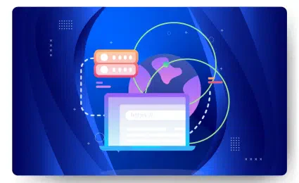 Illustration of a laptop with a web address bar, a server icon, and an interconnected globe on a blue background, symbolizing efficient managed web hosting.
