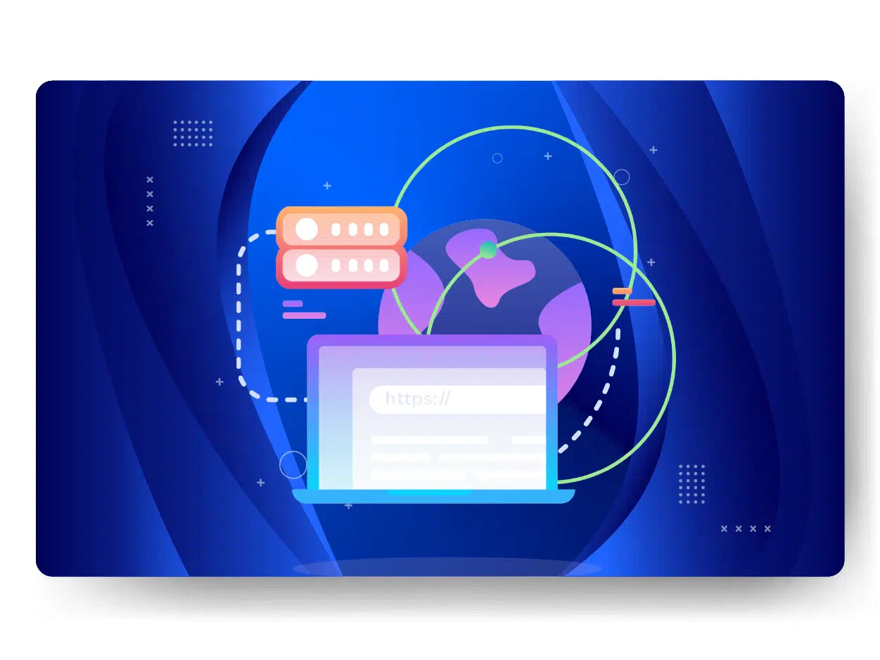 Illustration of a laptop with a web address bar, a server icon, and an interconnected globe on a blue background, symbolizing efficient managed web hosting.