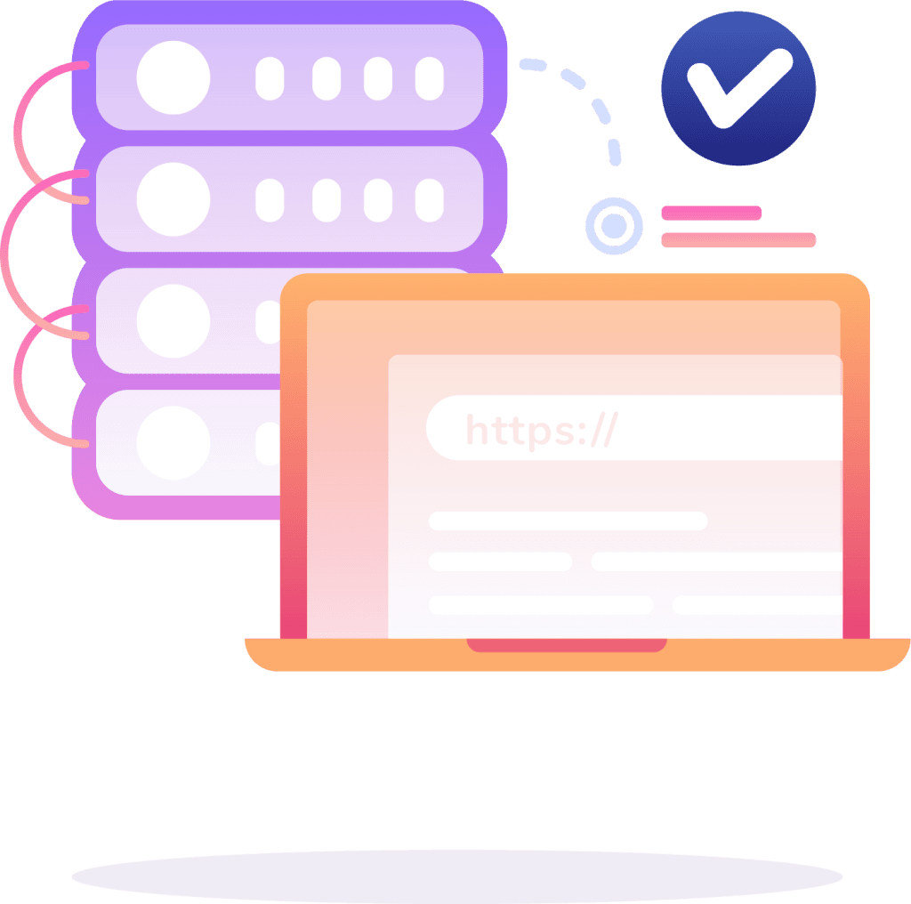 Illustration of a laptop with a secure website URL, connected to servers for managed web hosting, and a checkmark symbolizing verification.