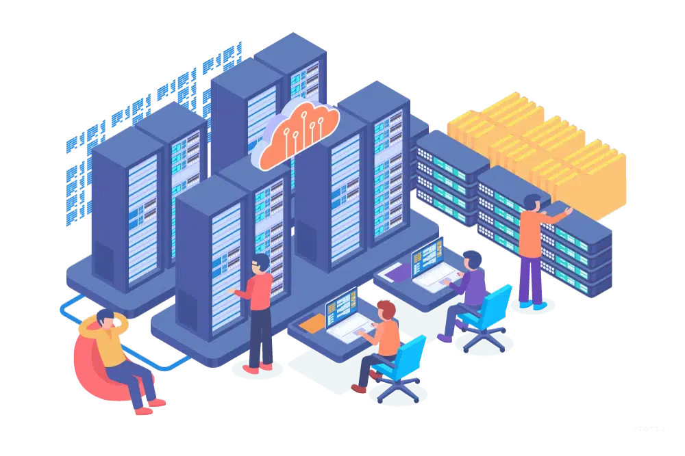 Illustration of a data center with several servers, three people at desks working on computers, and a cloud icon above the servers, showcasing managed web hosting in action.