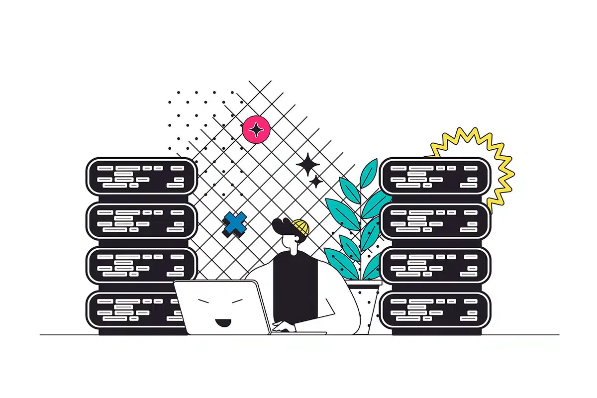 Illustration of a person using a laptop surrounded by data servers, showcasing the essence of managed web hosting with abstract elements like stars, a sun, and a plant.