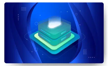 An abstract graphic with stacked translucent layers on a blue background, featuring geometric shapes and glowing effects, reminiscent of the structured elegance found in managed web hosting designs.