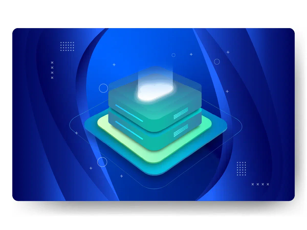 An abstract graphic with stacked translucent layers on a blue background, featuring geometric shapes and glowing effects, reminiscent of the structured elegance found in managed web hosting designs.