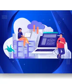 Illustration of two people with laptops, a large computer screen displaying code, servers, and a cloud with arrows—an ideal depiction of managed web hosting—all set against a blue background.
