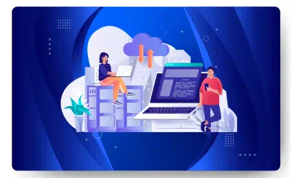 Illustration of two people with laptops, a large computer screen displaying code, servers, and a cloud with arrows—an ideal depiction of managed web hosting—all set against a blue background.