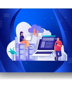 Illustration of two people with laptops, surrounded by cloud icons, digital files, and servers on a blue background, representing managed web hosting and cloud computing technology.