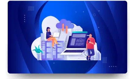 Illustration of two people with laptops, surrounded by cloud icons, digital files, and servers on a blue background, representing managed web hosting and cloud computing technology.