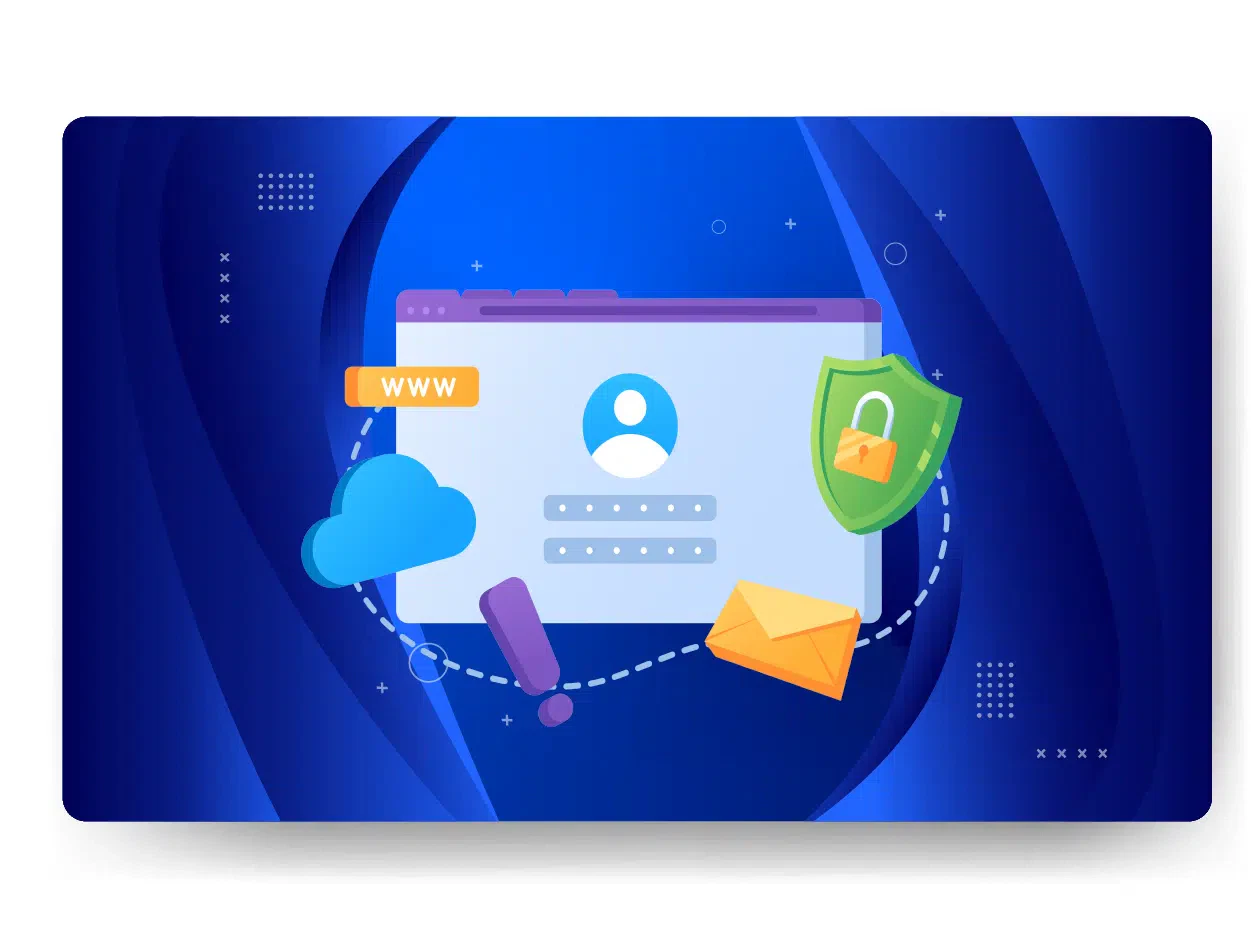 Digital security illustration featuring a user login screen, cloud, email, and shield with a lock, highlighted by an exclamation mark on a blue background. This visual emphasizes the importance of managed web hosting in safeguarding online environments.