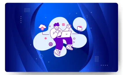 Illustration of a person sitting with a laptop, surrounded by cloud icons, a globe, and security symbols on a blue abstract background, symbolizing the seamless efficiency of managed web hosting.