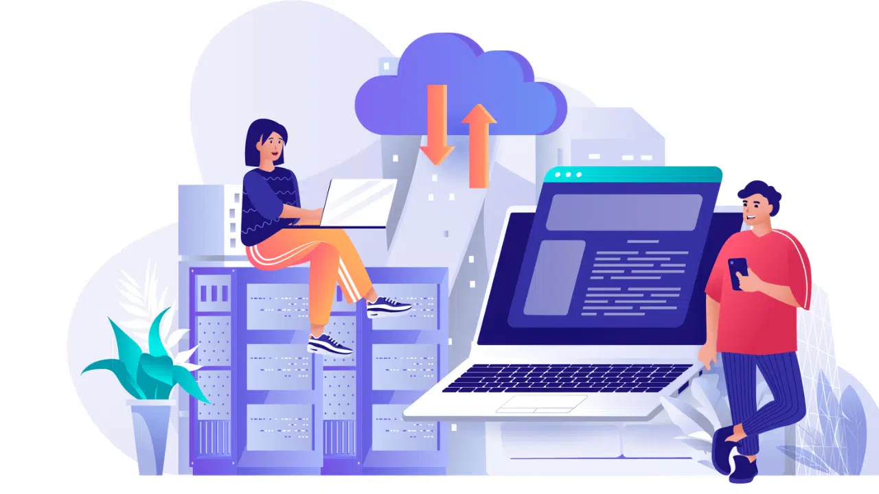 Illustration of two people securing a data system with a key and a laptop, symbolized by a padlock and alert icon on a computer screen, highlighting the importance of managed web hosting for safeguarding WordPress sites.