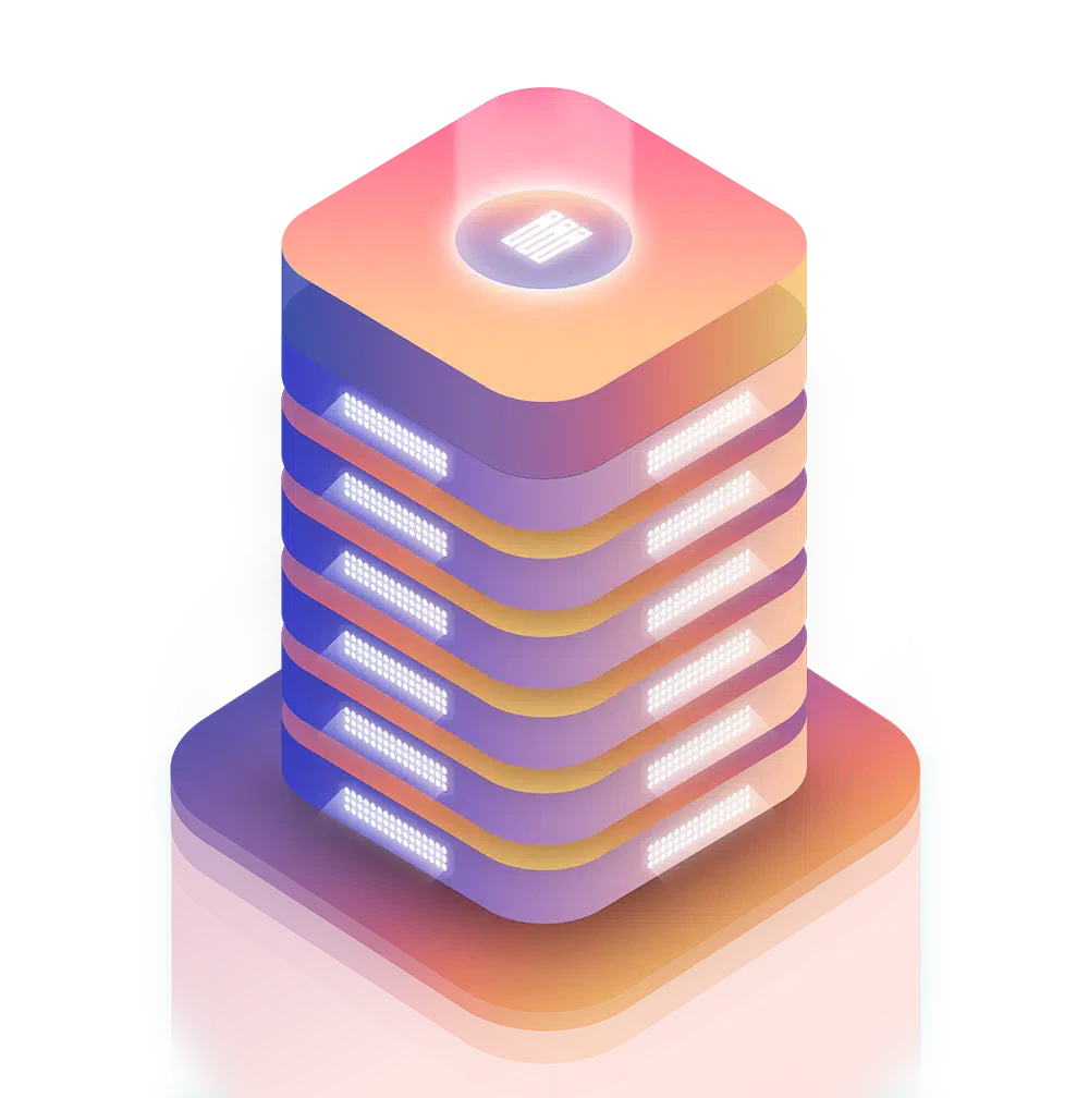 A stylized digital illustration of a glowing multicolored data server or storage unit, reminiscent of managed web hosting, with stacked layers and a panel on top.