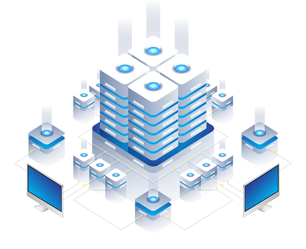Illustration of a data server network with a central stacked cube connected to multiple cubes and monitors, symbolizing seamless data processing and connectivity. This design highlights the efficiency of managed web hosting services, enhancing WordPress experiences with reliable performance.