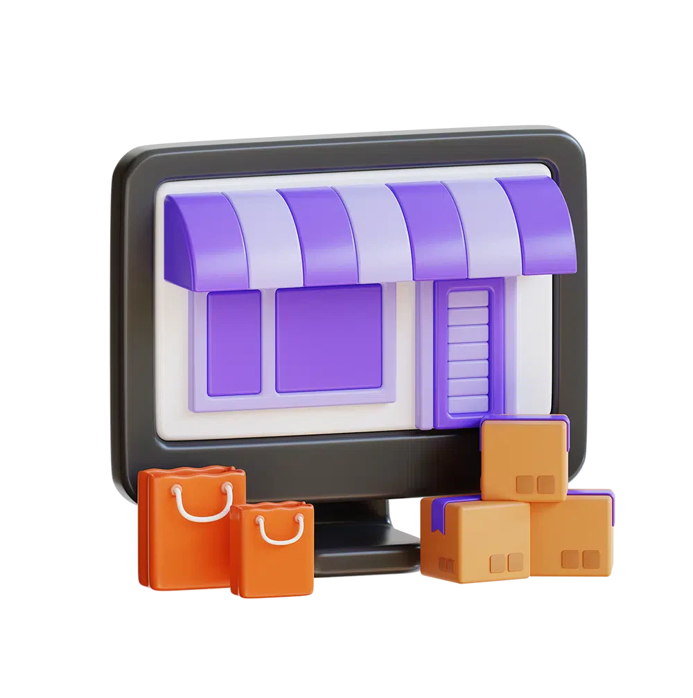 A 3D illustration of a monitor with a storefront design, featuring a purple awning and door, surrounded by orange shopping bags and brown packages, symbolizes seamless managed web hosting services.