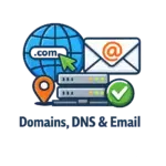 Illustration of a globe, envelope with an @ symbol, server stacks, a location pin, and a green checkmark, representing domains, DNS, and email services.