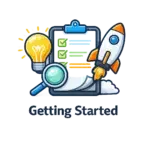 Illustration of a clipboard checklist, magnifying glass, light bulb, and rocket with the text