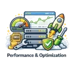 Illustration of servers, a speedometer, rocket, SEO coins, tools, and a shield representing performance and optimization in technology or website management.