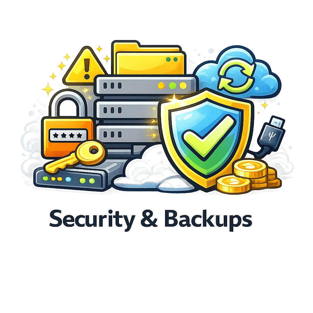 Illustration of servers, a shield with a check mark, a cloud, lock, key, USB drive, coins, and folder, representing security and backups for Metasync test environments.