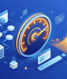 Illustration of servers, digital interfaces, a speedometer, and a rocket launching, symbolizing fast data processing powered by caching and front-end optimization on a blue background.