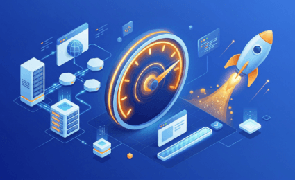 Illustration of servers, digital interfaces, a speedometer, and a rocket launching, symbolizing fast data processing powered by caching and front-end optimization on a blue background.