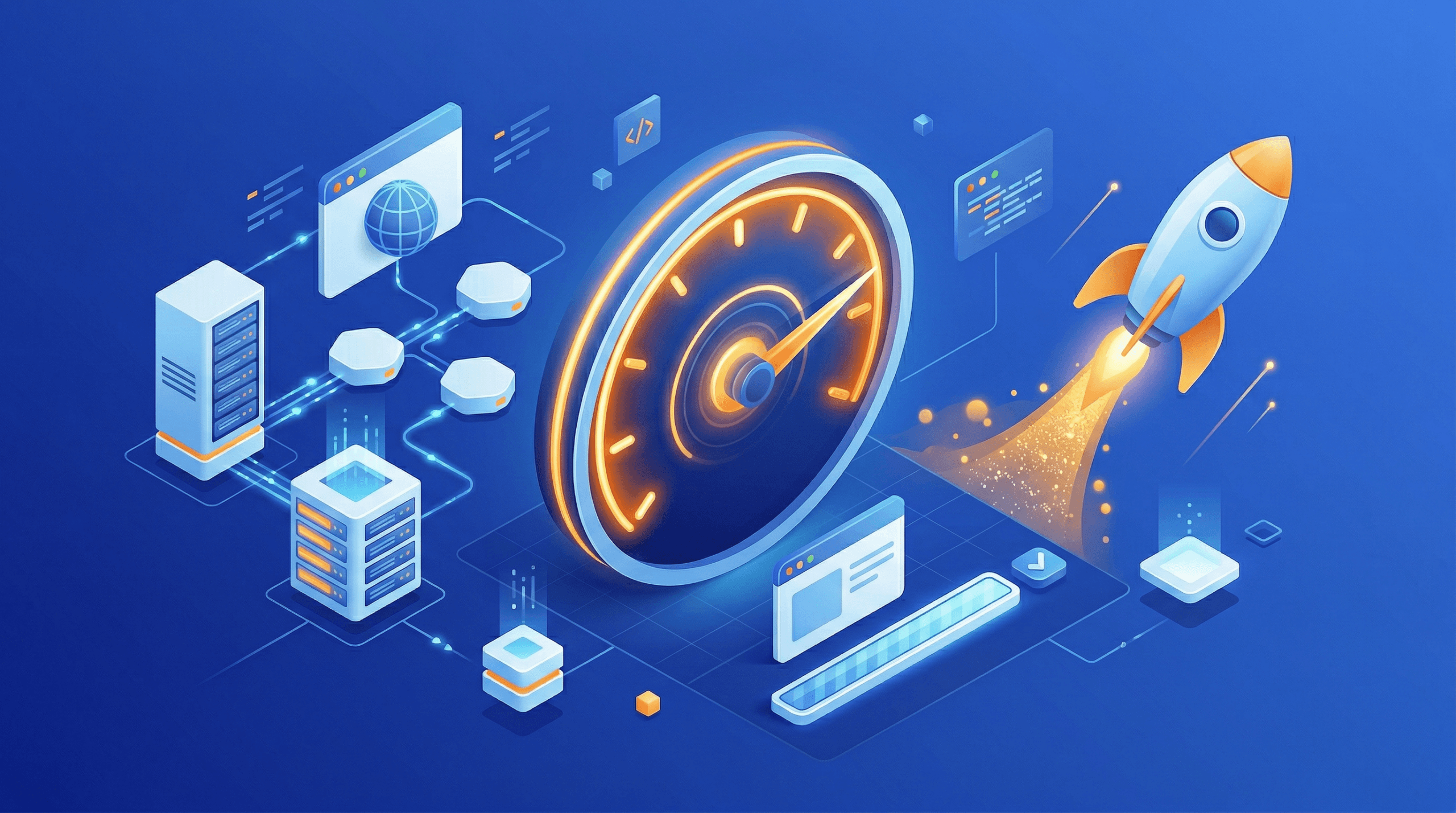 Illustration of servers, digital interfaces, a speedometer, and a rocket launching, symbolizing fast data processing powered by caching and front-end optimization on a blue background.