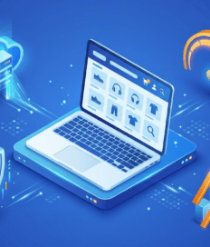 A laptop displaying an online store is surrounded by icons for cloud storage, a speedometer, a shield with a padlock, and rising graphs, highlighting the benefits of e-commerce and Managed WordPress Hosting technology.