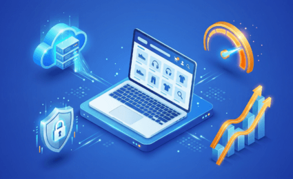 A laptop displaying an online store is surrounded by icons for cloud storage, a speedometer, a shield with a padlock, and rising graphs, highlighting the benefits of e-commerce and Managed WordPress Hosting technology.