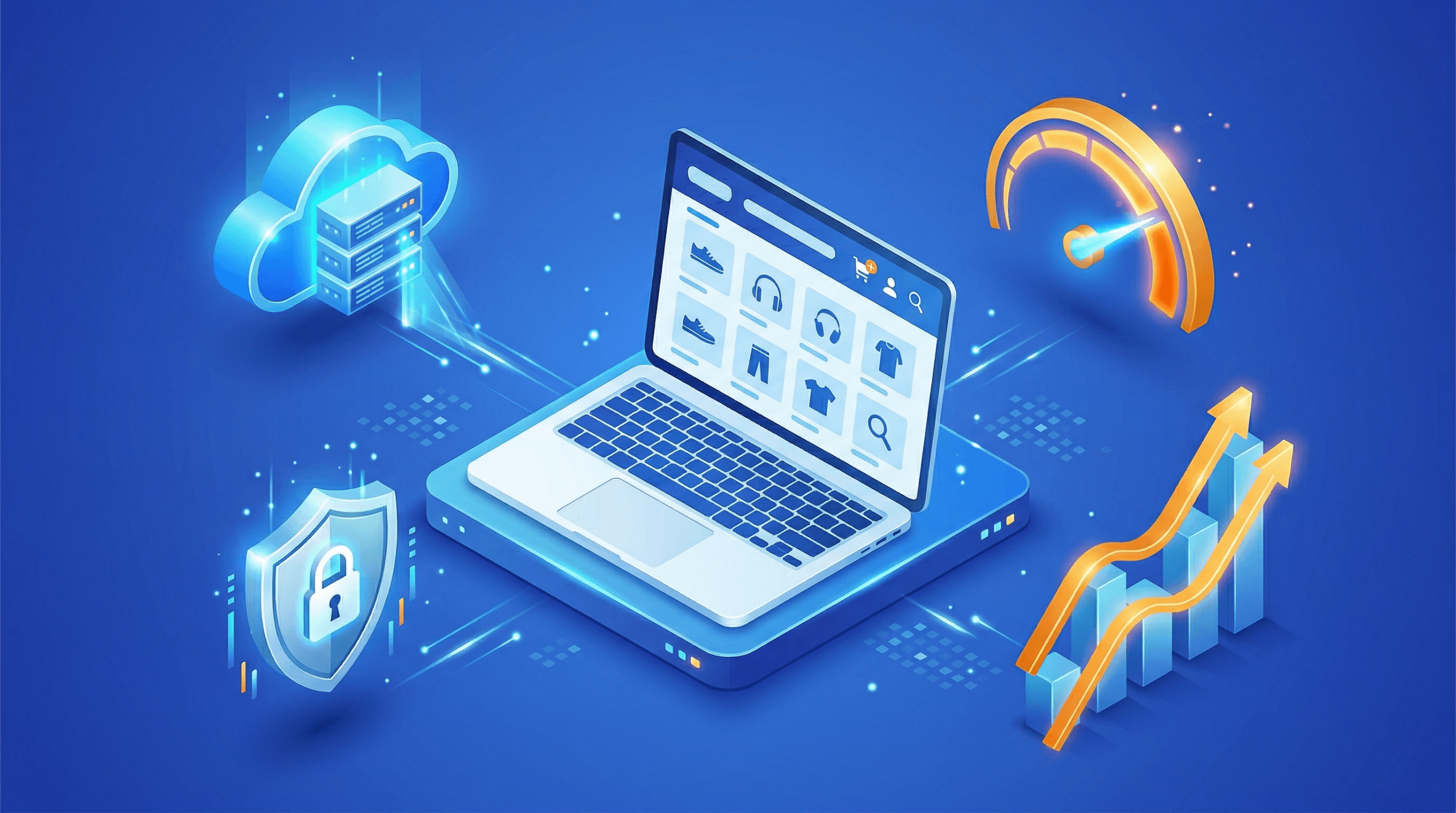 A laptop displaying an online store is surrounded by icons for cloud storage, a speedometer, a shield with a padlock, and rising graphs, highlighting the benefits of e-commerce and Managed WordPress Hosting technology.