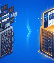 Two server racks are shown side by side; the left is a messy example of shared WordPress hosting, while the right is organized, glowing, and displays clean data dashboards—showcasing the benefits of managed WordPress hosting.