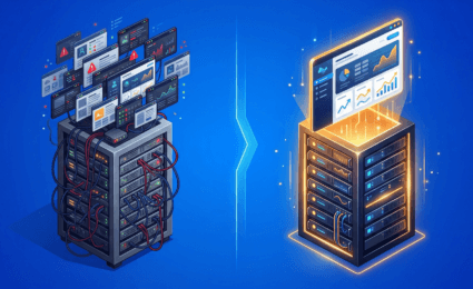 Two server racks are shown side by side; the left is a messy example of shared WordPress hosting, while the right is organized, glowing, and displays clean data dashboards—showcasing the benefits of managed WordPress hosting.