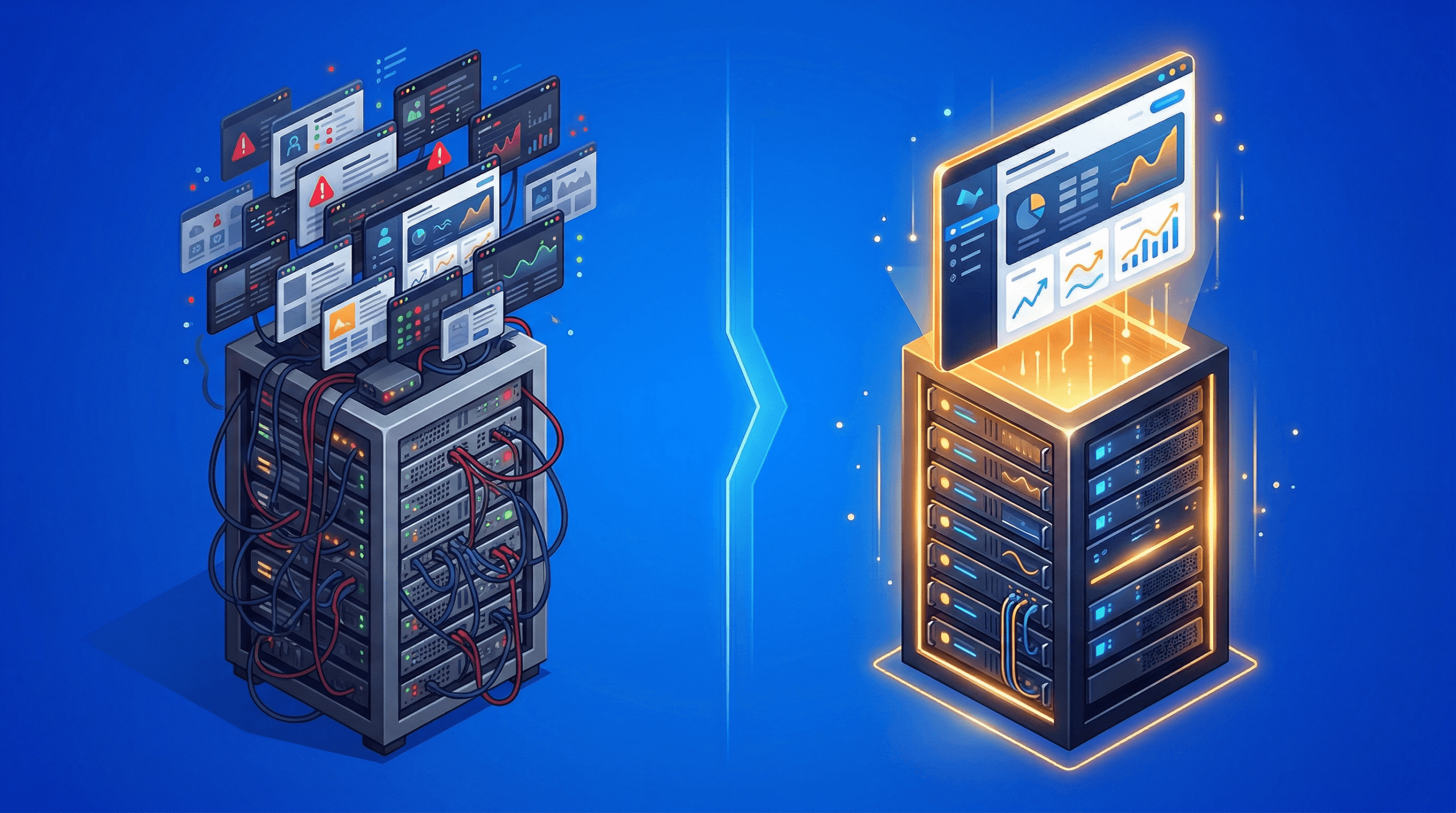 Two server racks are shown side by side; the left is a messy example of shared WordPress hosting, while the right is organized, glowing, and displays clean data dashboards—showcasing the benefits of managed WordPress hosting.