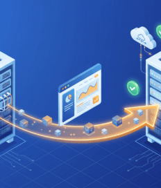 Illustration of data transfer between two server racks, with an analytics dashboard and cloud icons indicating no downtime during WordPress migration and successful cloud synchronization.