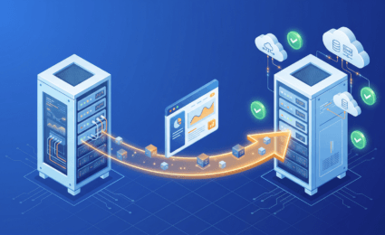 Illustration of data transfer between two server racks, with an analytics dashboard and cloud icons indicating no downtime during WordPress migration and successful cloud synchronization.