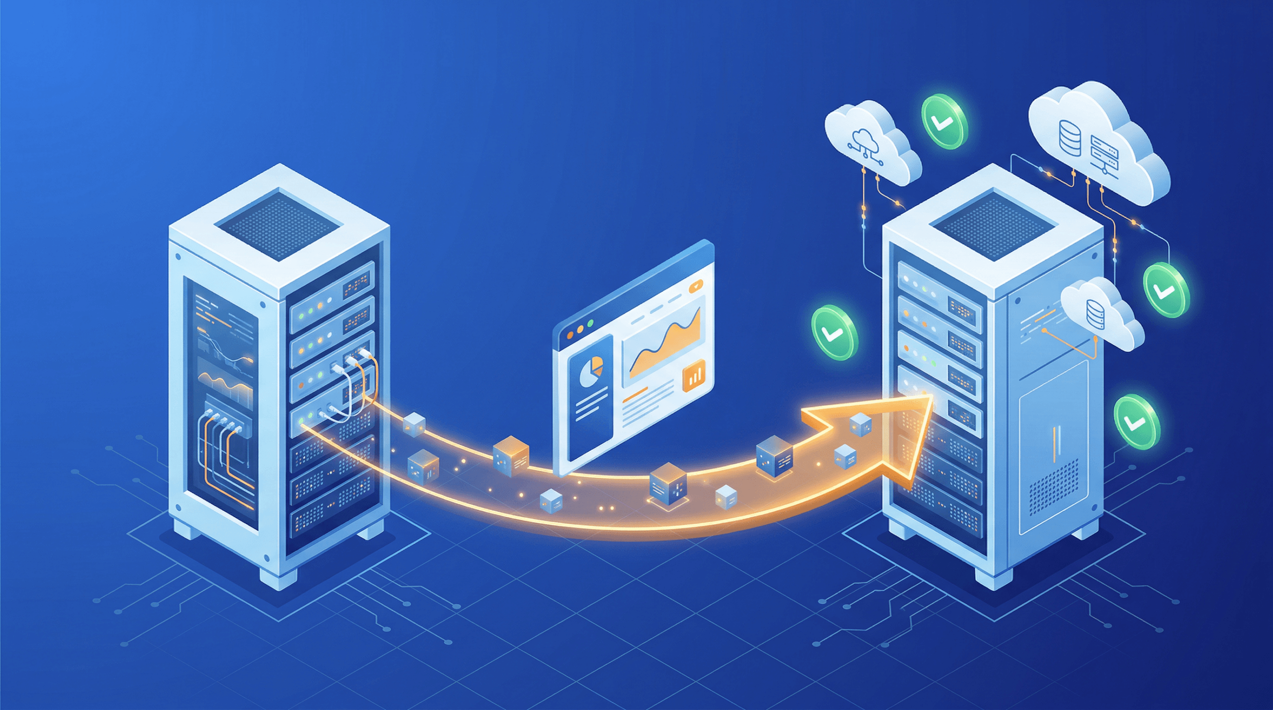 Illustration of data transfer between two server racks, with an analytics dashboard and cloud icons indicating no downtime during WordPress migration and successful cloud synchronization.